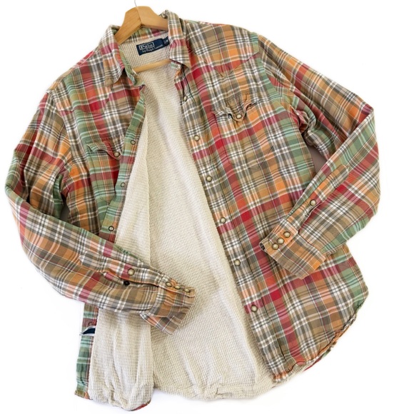 Polo Ralph Lauren Flannel Shirt Shacket Mens Medium Plaid Waffle Lined Vintage - Picture 3 of 10